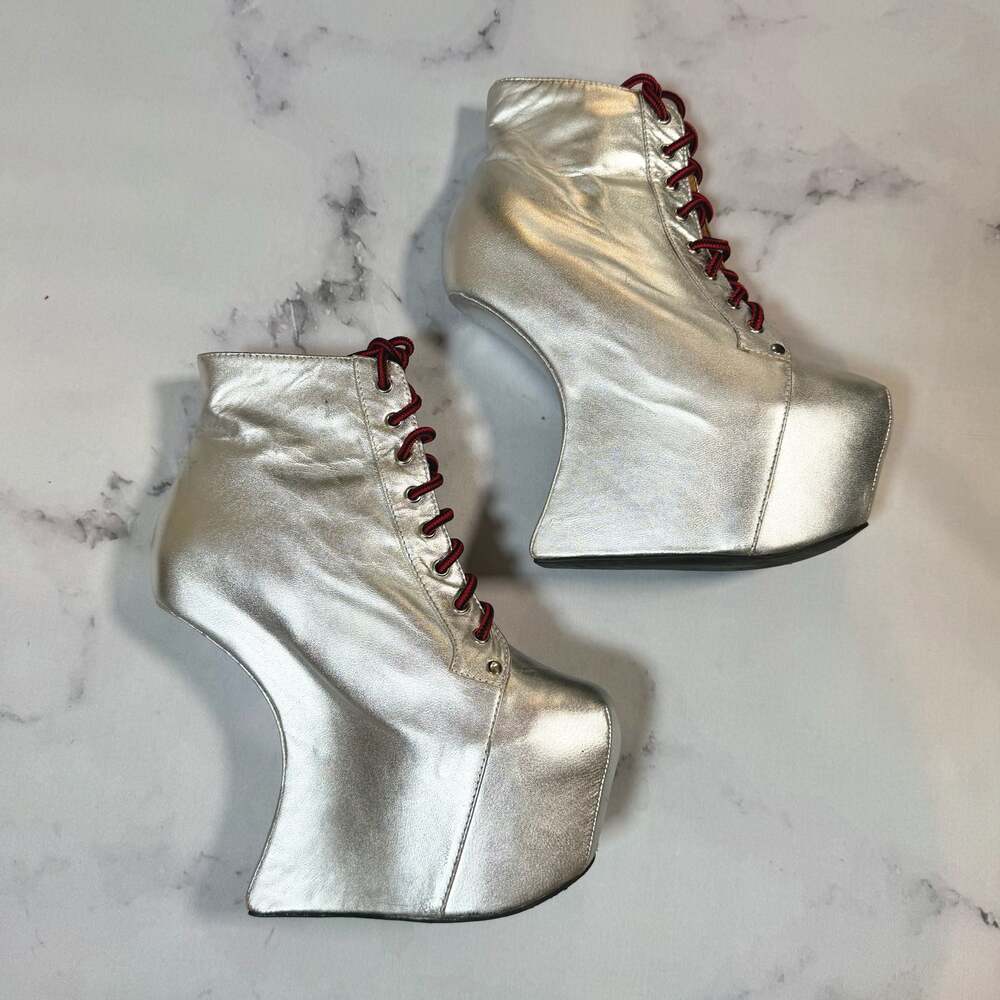 Jeffrey Campbell Nightlita Silver Metallic Heelless Platform Ankle Boots 8.5